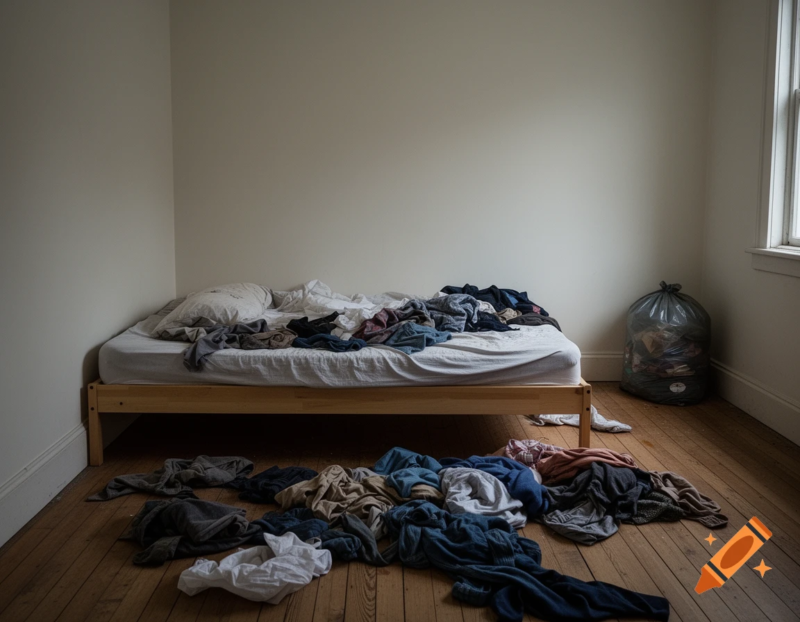 A messy bedroom with clothes scattered on a bed and wooden floor next to a full trash bag in a corner, in a photorealistic style.