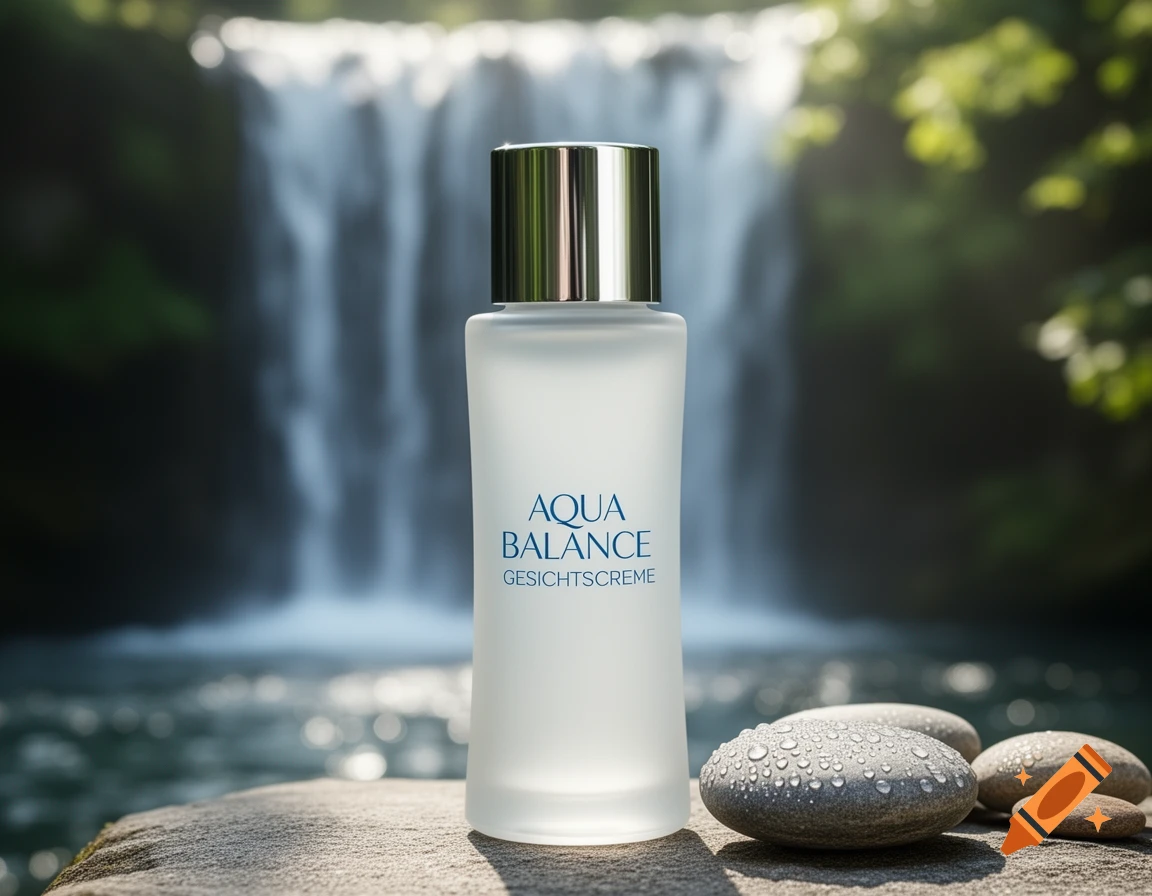 Frosted bottle of Aqua Balance Gesichtscreme on a rock with water-beaded stones, waterfall in background, photorealistic.