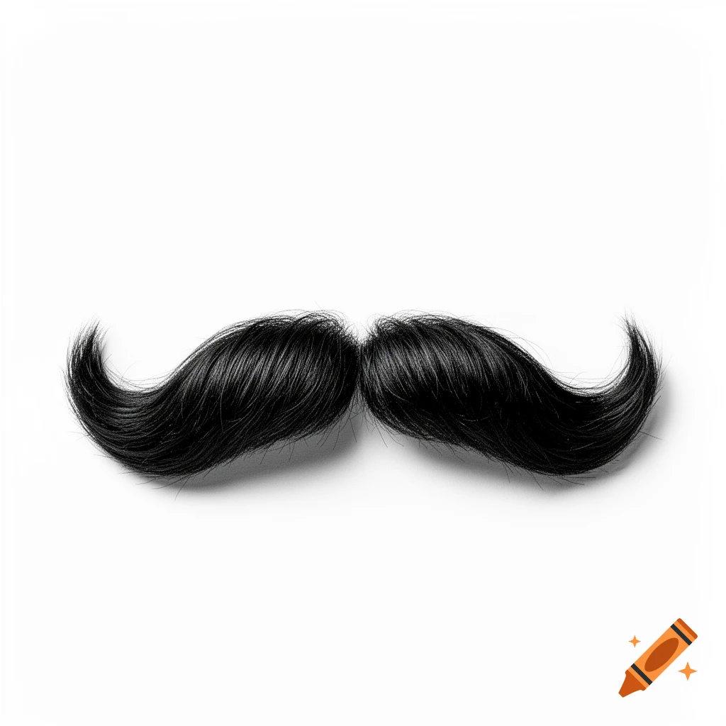 A black, full mustache, possibly a costume accessory, isolated on a clean white background.