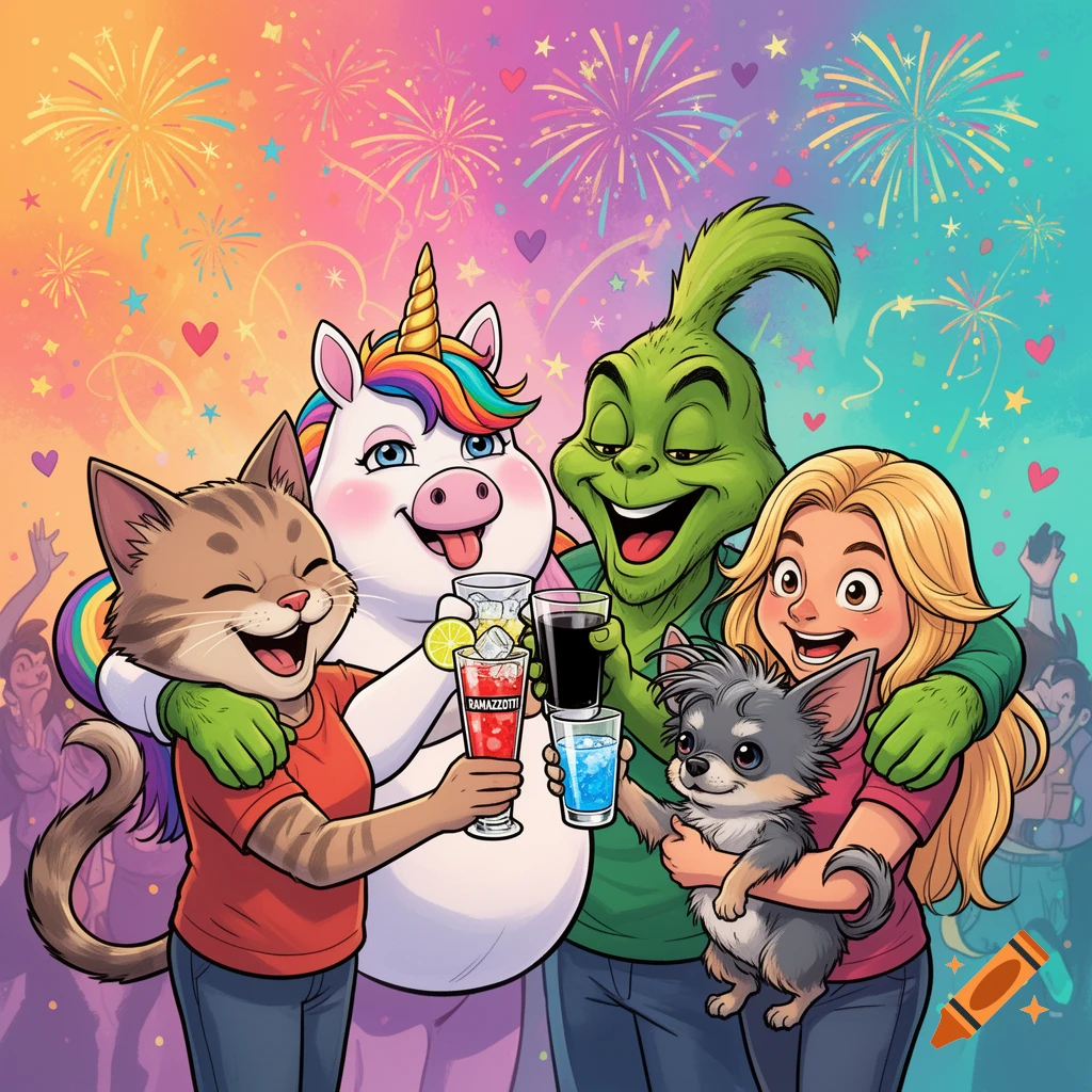 A cartoon cat, unicorn, Grinch, and human woman with a dog toast drinks amidst fireworks and hearts in a vibrant party scene.