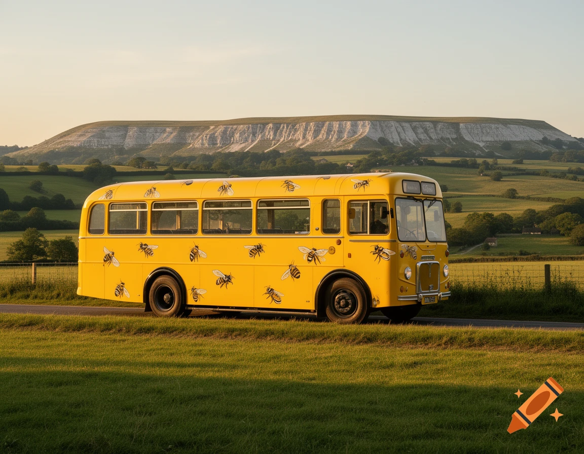 A bright yellow vintage bus, decorated with bumblebees, parked on a country road with green fields and a distant white hill.