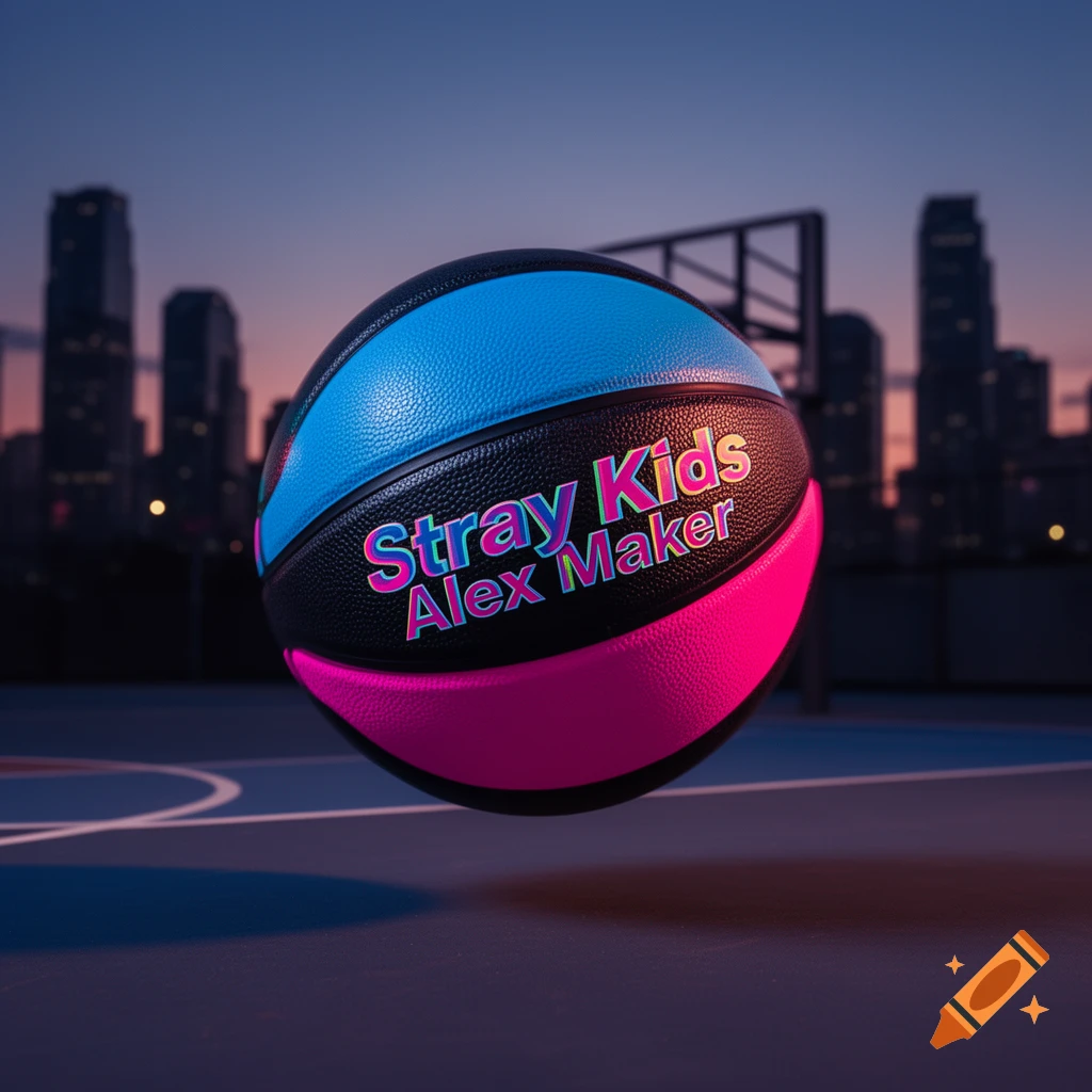 A photorealistic black, blue, and pink basketball with 'Stray Kids' and 'Alex Maker' printed on it, floating above a court with a city skyline at dusk.