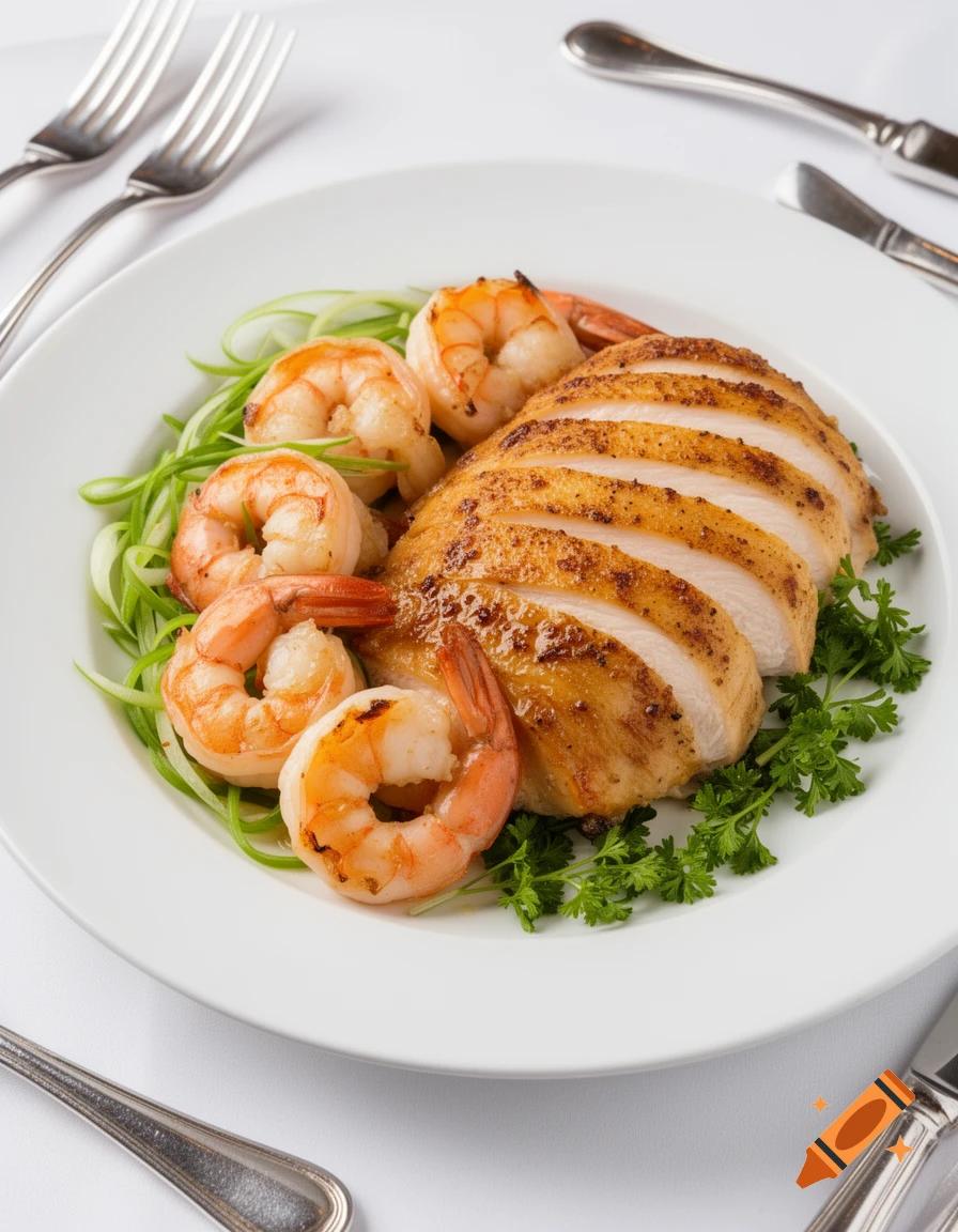Slices of roasted chicken breast and grilled shrimp served with green garnish on a white plate with cutlery on a white tablecloth.