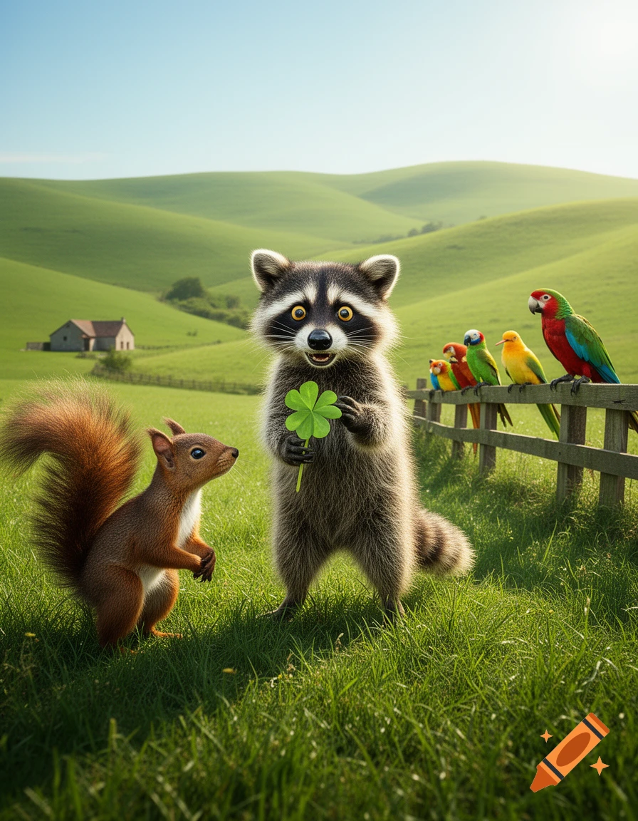 A cartoon raccoon holds a four-leaf clover, looking at a squirrel in a grassy field with colorful parrots on a fence and green hills.
