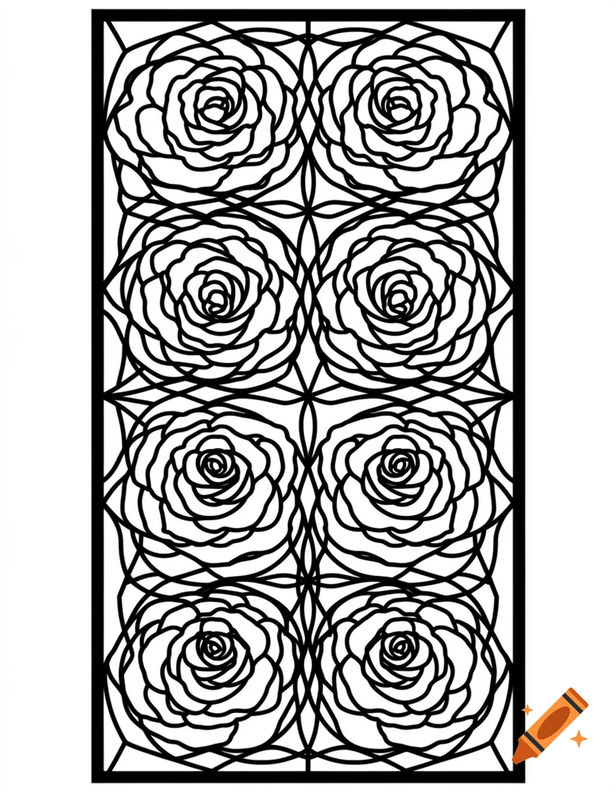 A black and white geometric fretwork pattern featuring repeating rose motifs.