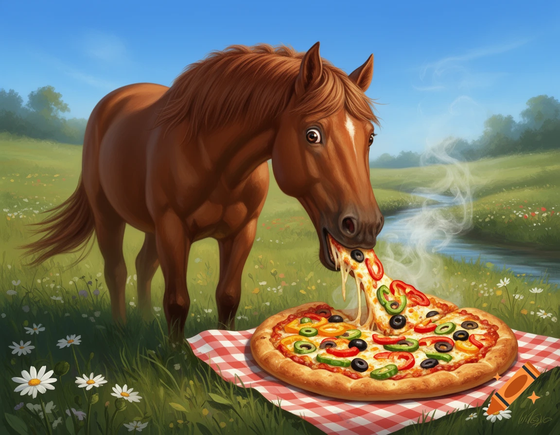 An illustrated brown horse with wide eyes devours a slice of steaming pizza on a red and white picnic blanket in a green field.