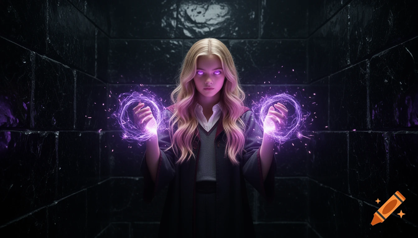 A teenage wizard girl with glowing purple eyes stands in a dark obsidian cell, surrounded by swirling purple magical energy.