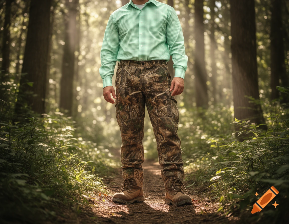 A man in a green gingham shirt, camo pants, and boots stands on a sunlit forest path.