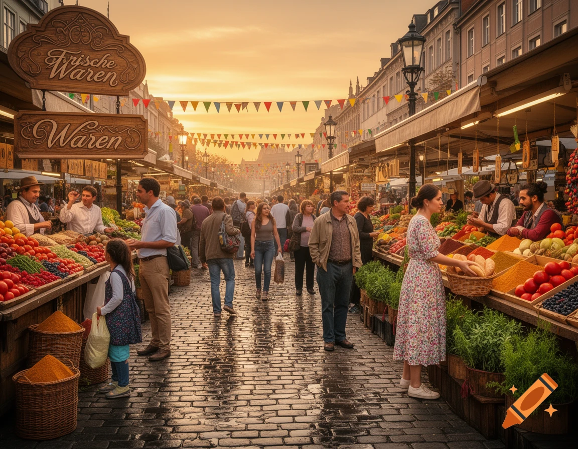 Photorealistic image of a bustling outdoor market at sunset, with people browsing stalls of colorful fresh produce and spices.