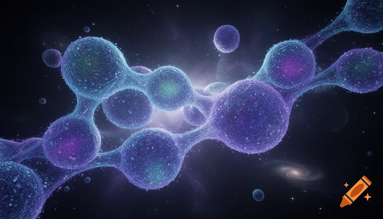 Luminescent, interconnected blue and purple cellular structures float in a dark, starry cosmic space with faint nebulae and distant galaxies.