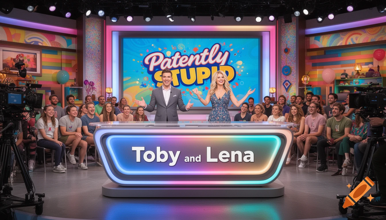 Two hosts, Toby and Lena, stand on a colorful game show set with a large screen displaying "Patently Stupid" and an audience.