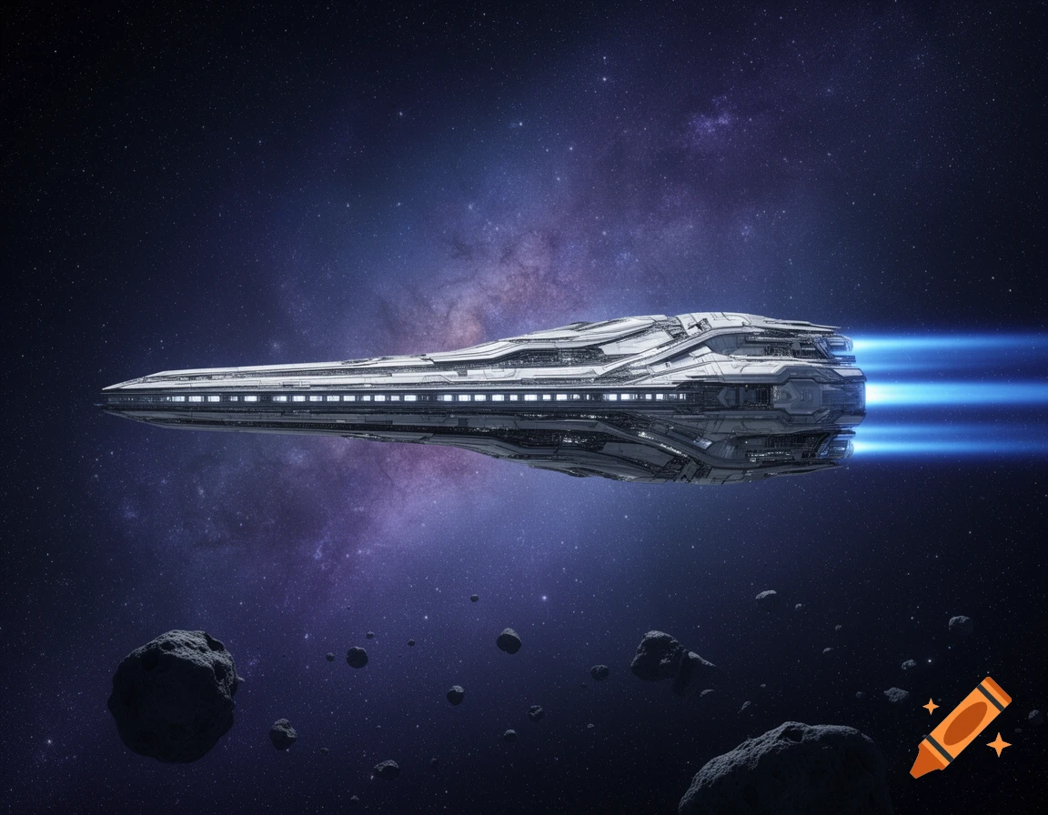 A sleek, detailed spaceship with glowing engines flying through deep space with asteroids and a distant nebula.
