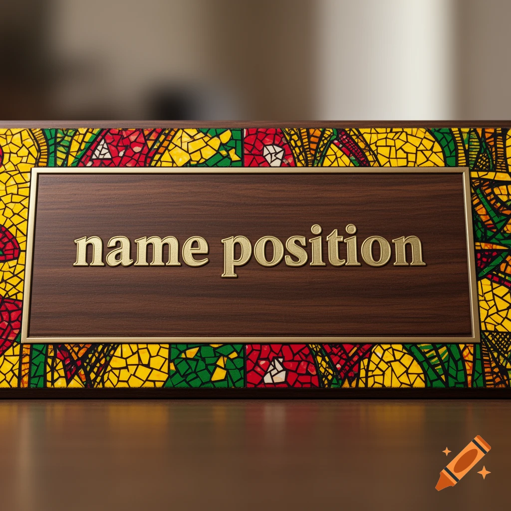 A wooden desk nameplate with gold 'name position' text, framed by a vibrant red, yellow, and green African mosaic pattern.