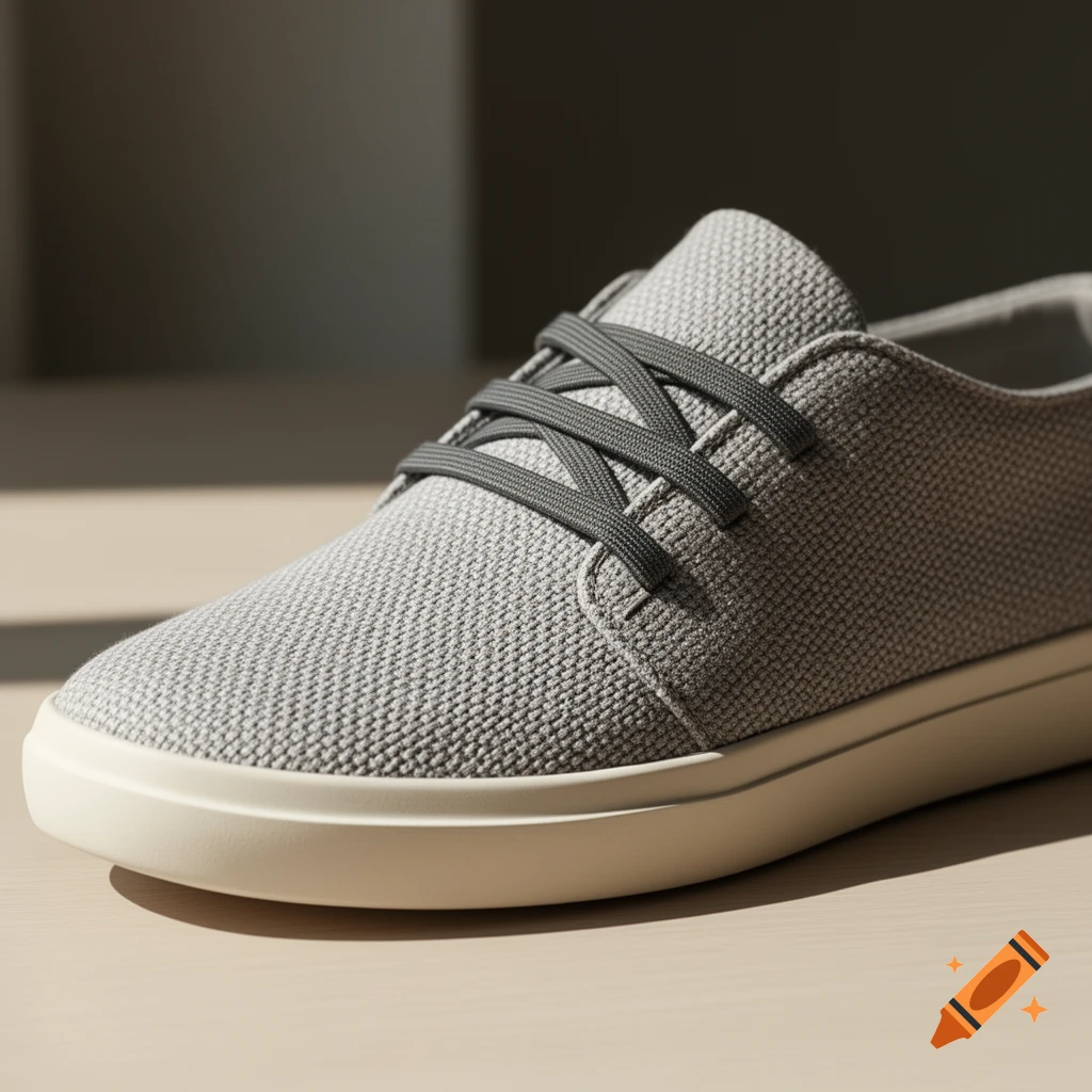 A realistic close-up of a light grey fabric shoe with dark grey elastic laces and a cream-colored sole.