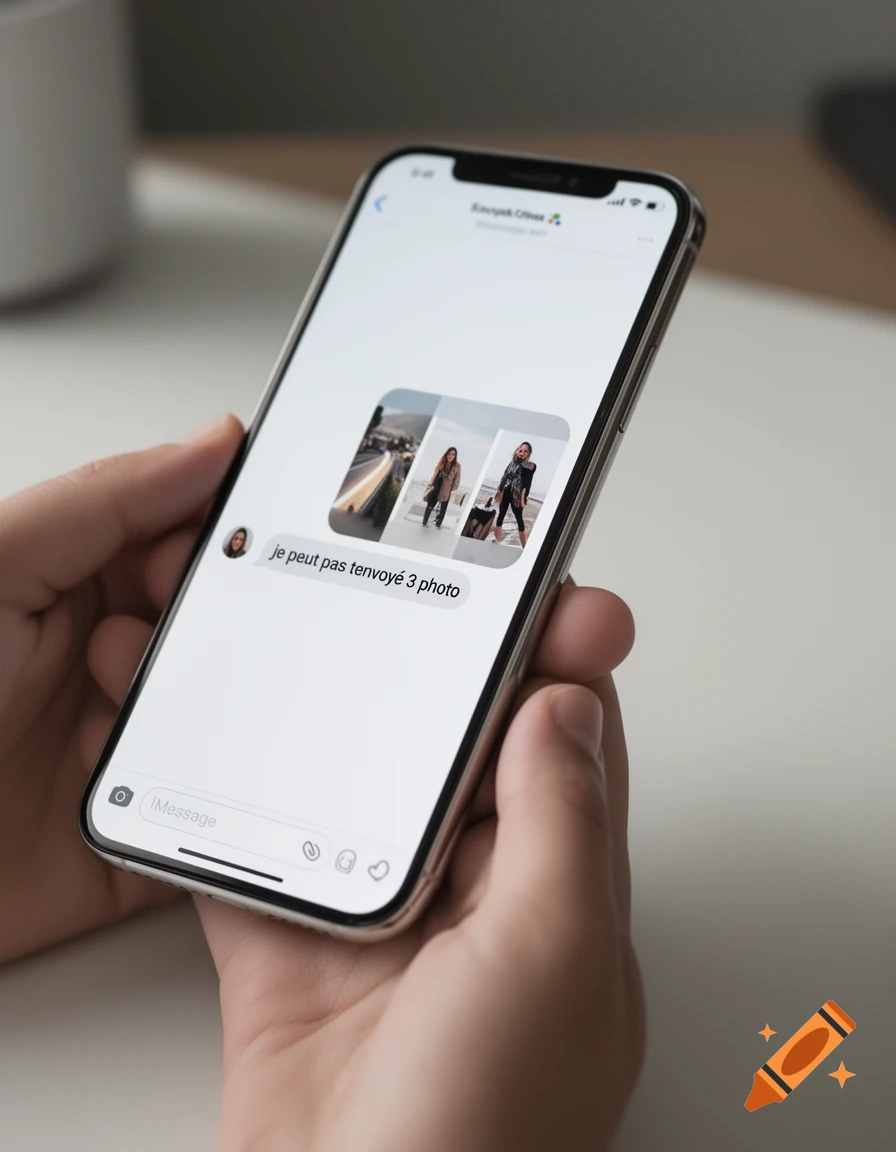 Close-up of hands holding a silver smartphone displaying a messaging app with a French text message and three small images.
