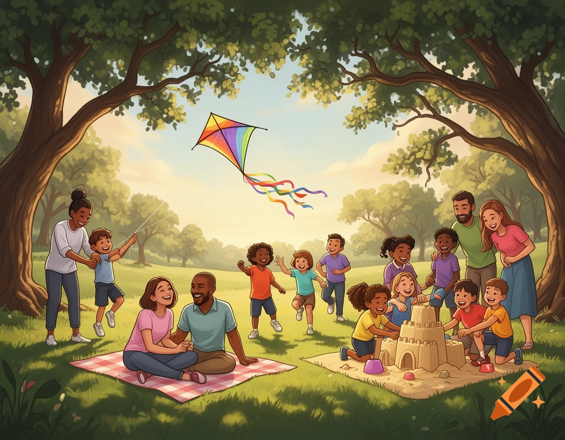 Diverse families and children playing happily in a sunny park. A kite flies overhead while some build a sandcastle and others run on the grass.