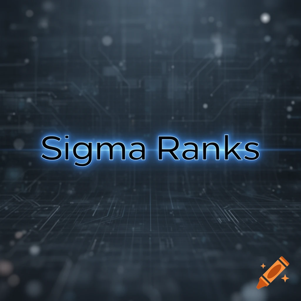 Blue glowing text "Sigma Ranks" on a dark, blurry circuit board background.