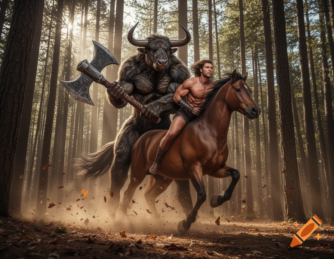 An axe-wielding minotaur stands behind a muscular man riding a horse, kicking up dust in a sunlit forest.