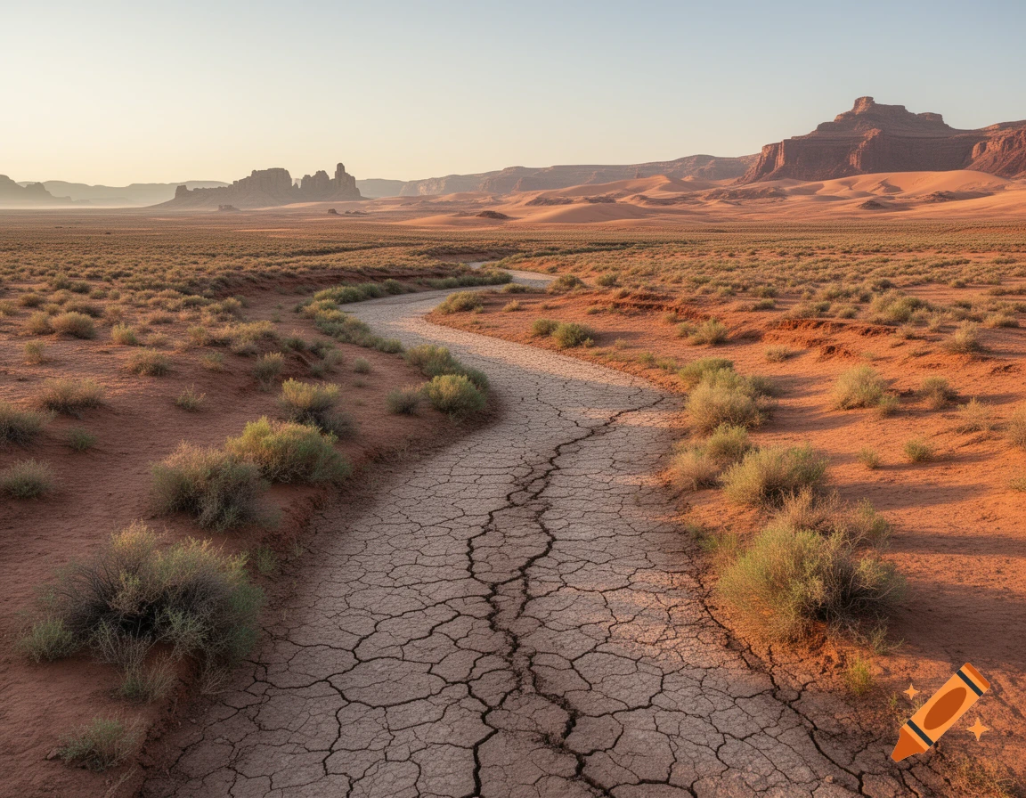 A winding, cracked dry riverbed through an arid desert landscape with sparse bushes and distant mesas under a warm sky.