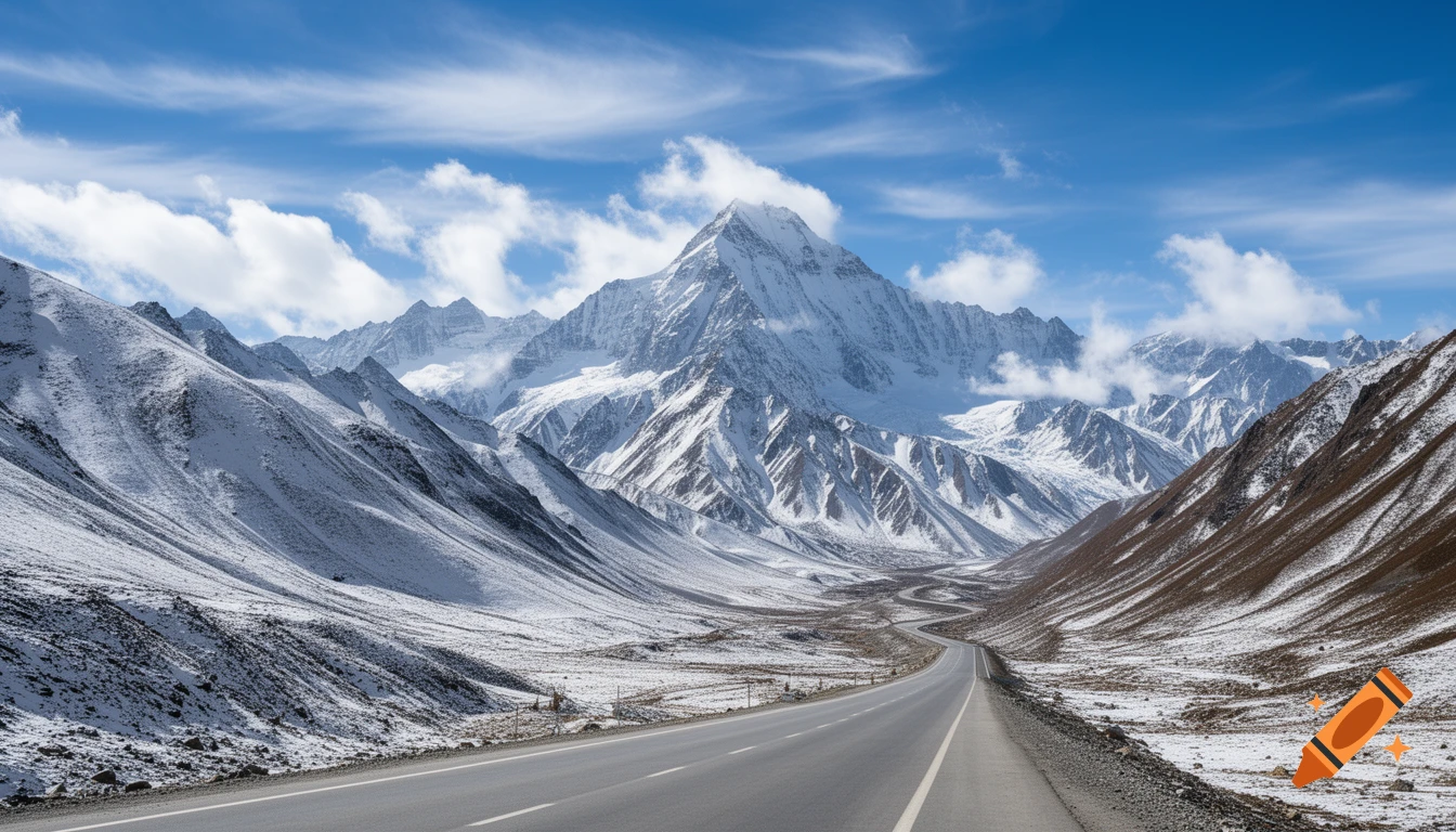 A winding road through a vast snowy mountain valley under a clear blue sky with white clouds.
