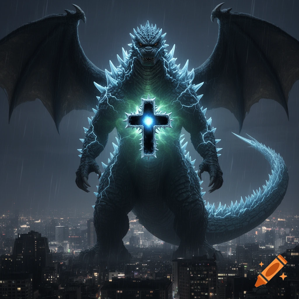 A giant Godzilla-like monster with large dark wings, glowing blue spikes, and a bright blue cross on its chest, stands towering over a dark, rainy city skyline.