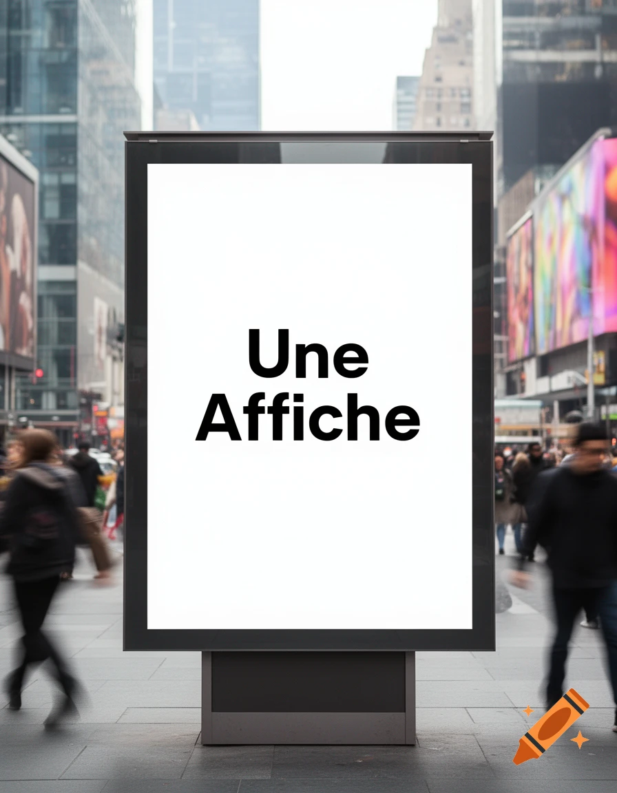 Photorealistic image of a billboard displaying "Une Affiche" on a busy city street with blurred people.