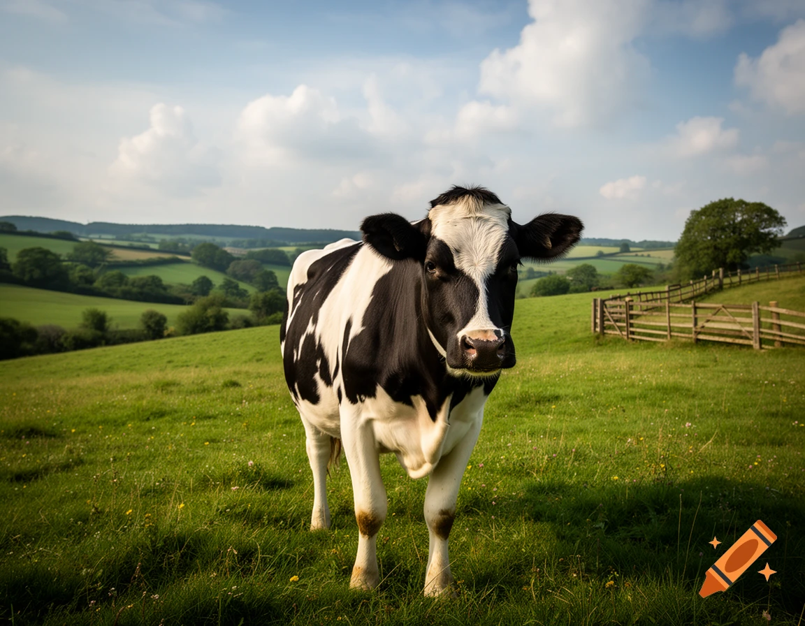 A black and white cow stands in a lush green field under a blue sky with scattered white clouds.