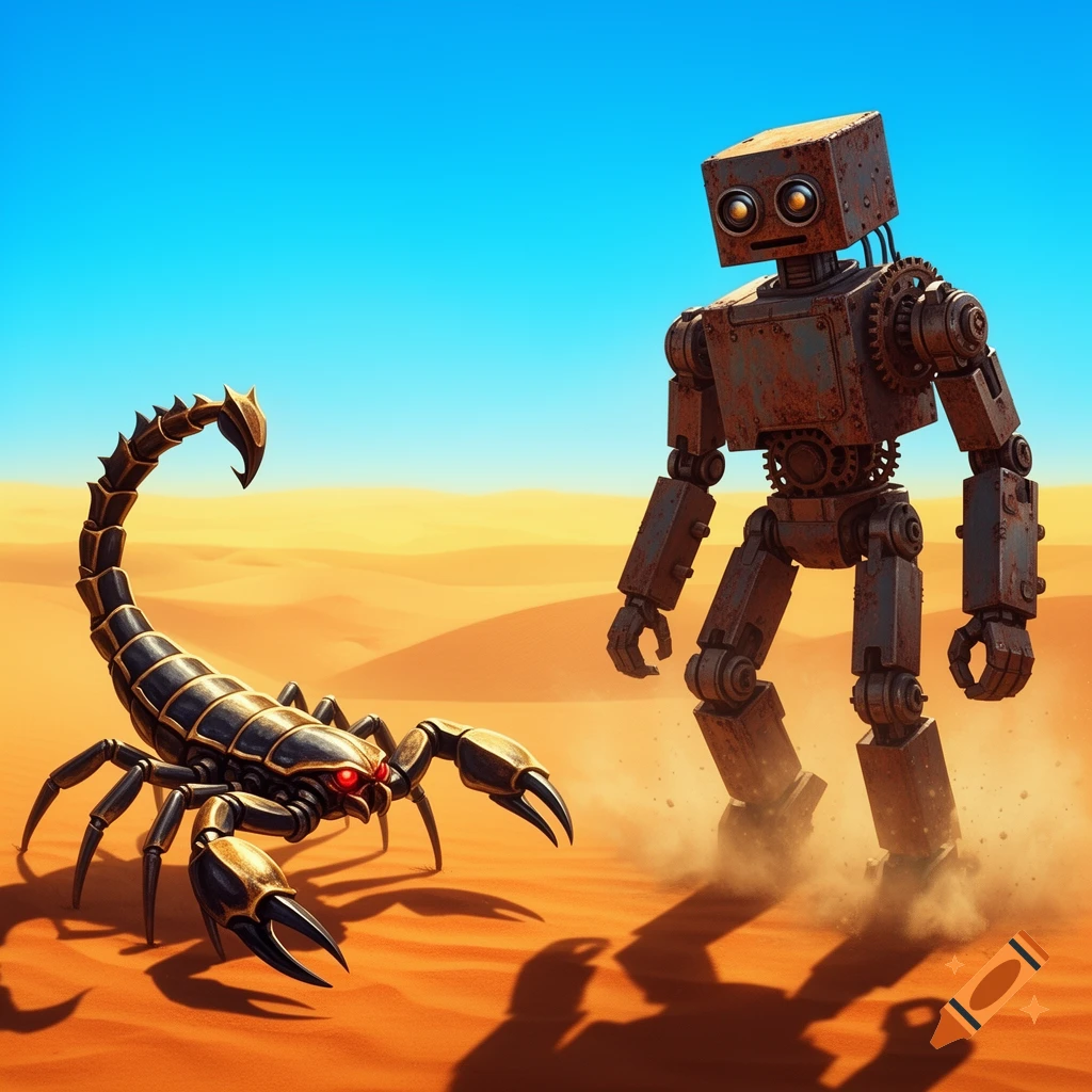 A rusty robot stands across from a large, aggressive scorpion with glowing red eyes in a sunny desert landscape.
