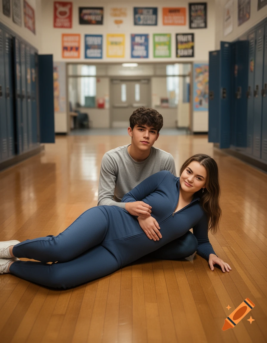 A young woman in a blue jumpsuit lies on a wooden floor in a high school hallway, a young man sits behind her.
