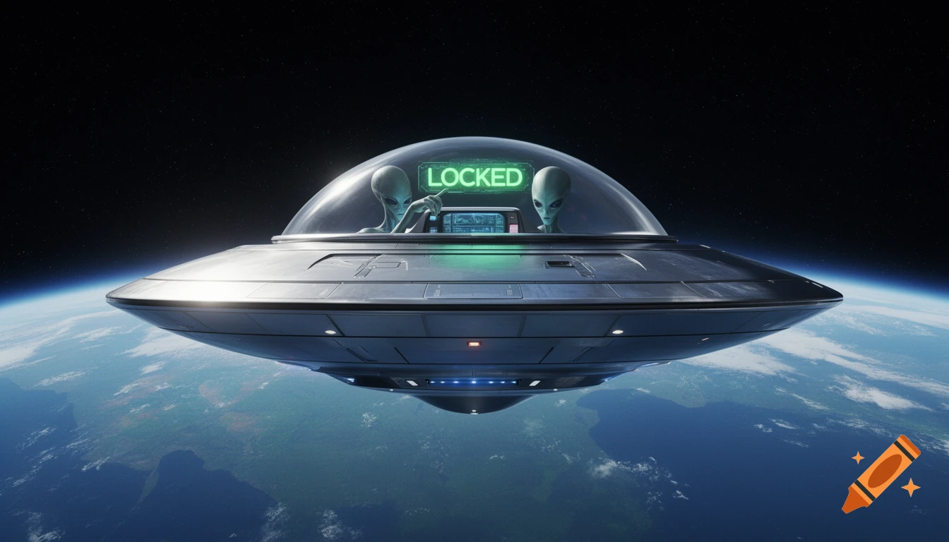 A photorealistic image of two grey aliens inside a UFO hovering above Earth, with a green 'LOCKED' sign visible inside the cockpit.
