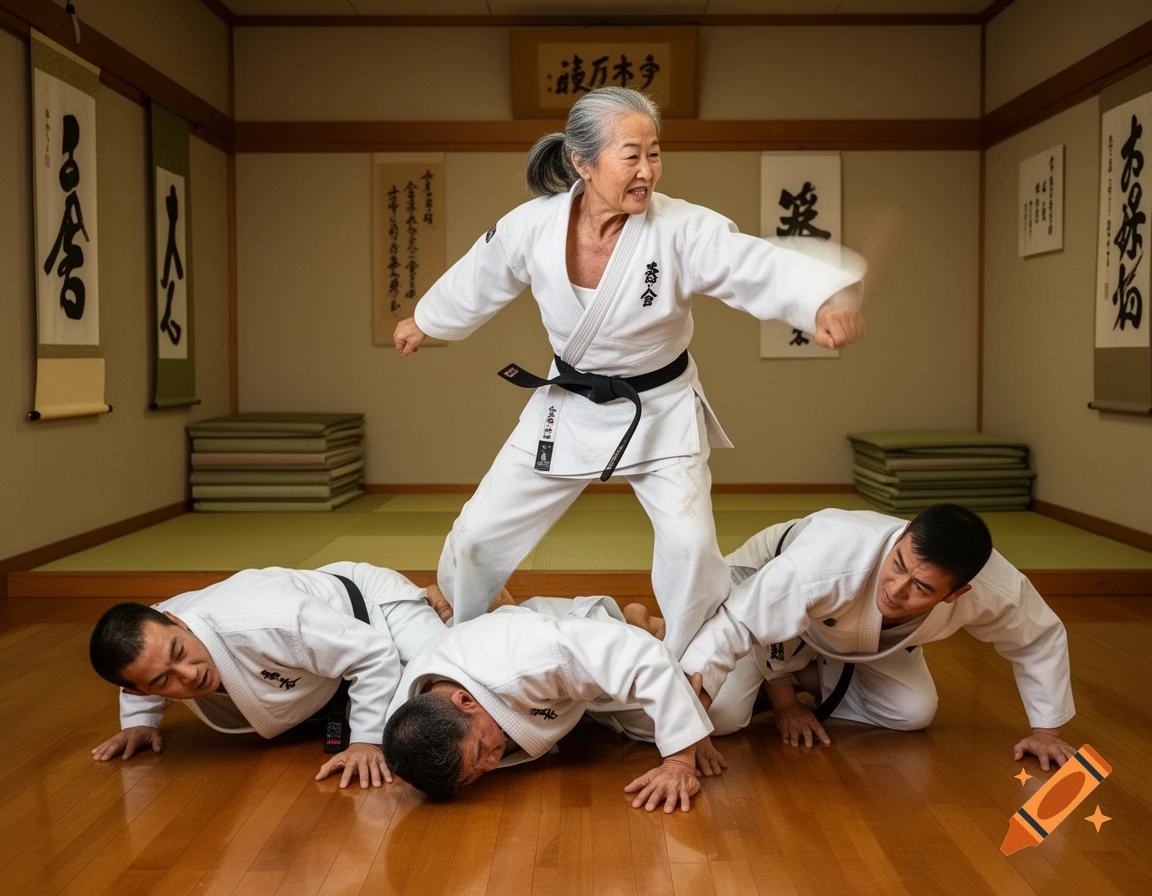An elderly woman in a white karate gi with a black belt stands over two men on the floor of a dojo, mid-action, in a photorealistic style.