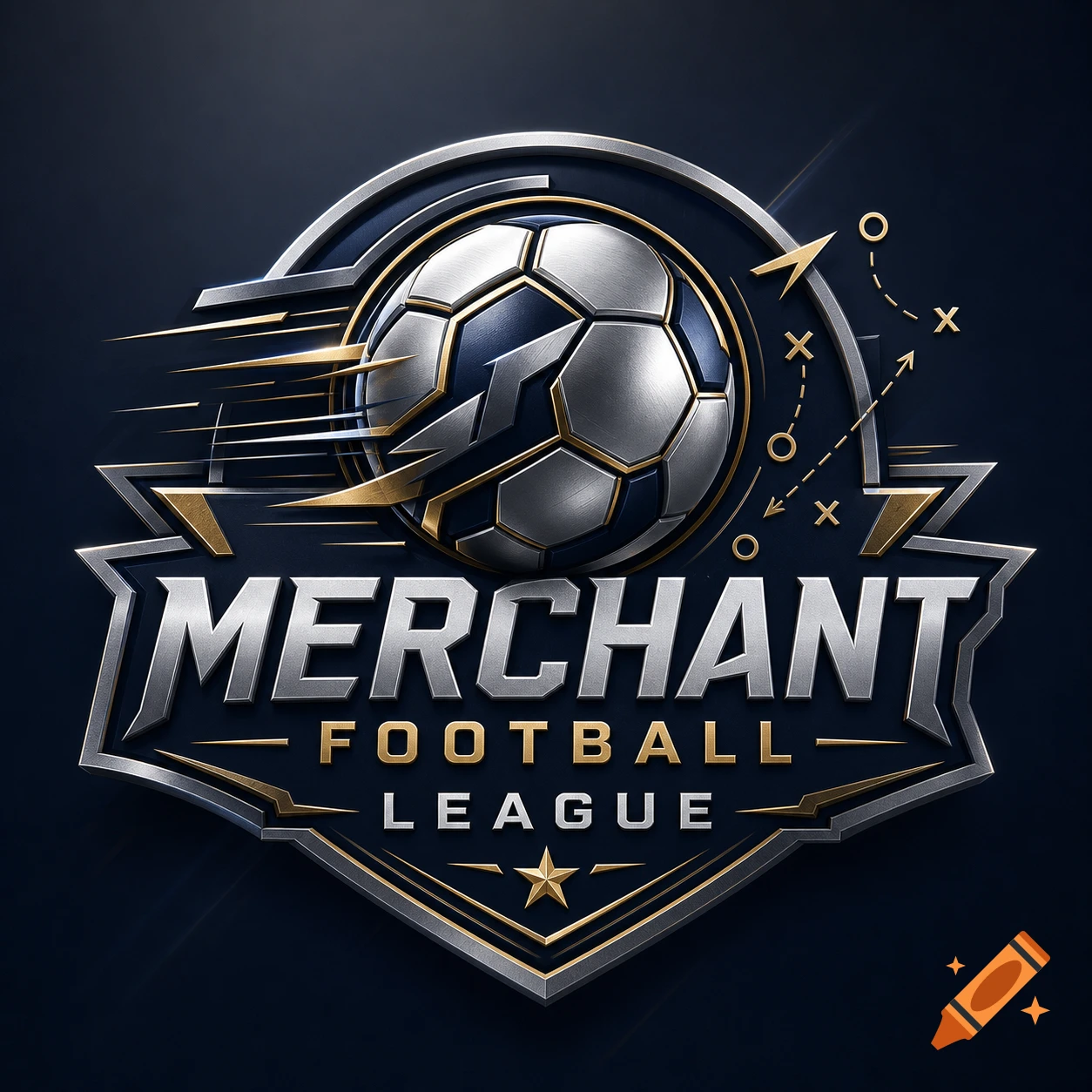 A metallic silver and gold logo for 'Merchant Football League' featuring a football, speed lines, and strategic arrows on a dark background.