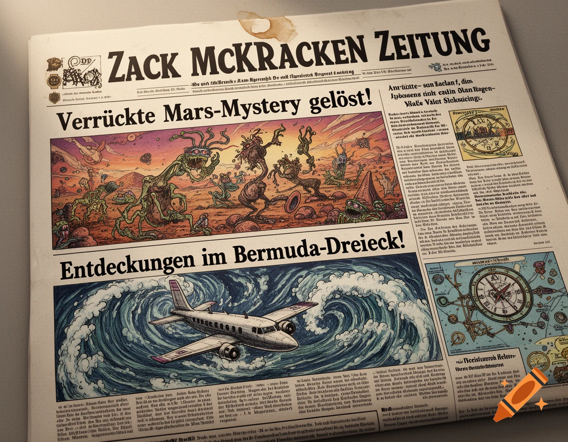 An old newspaper, 'Zack McCracken Zeitung,' with headlines about a Mars mystery solved, featuring an illustration of cartoony alien monsters. Below, a headline about Bermuda Triangle discoveries with an illustration of an airplane in turbulent waves. The paper has a slightly weathered, retro style.