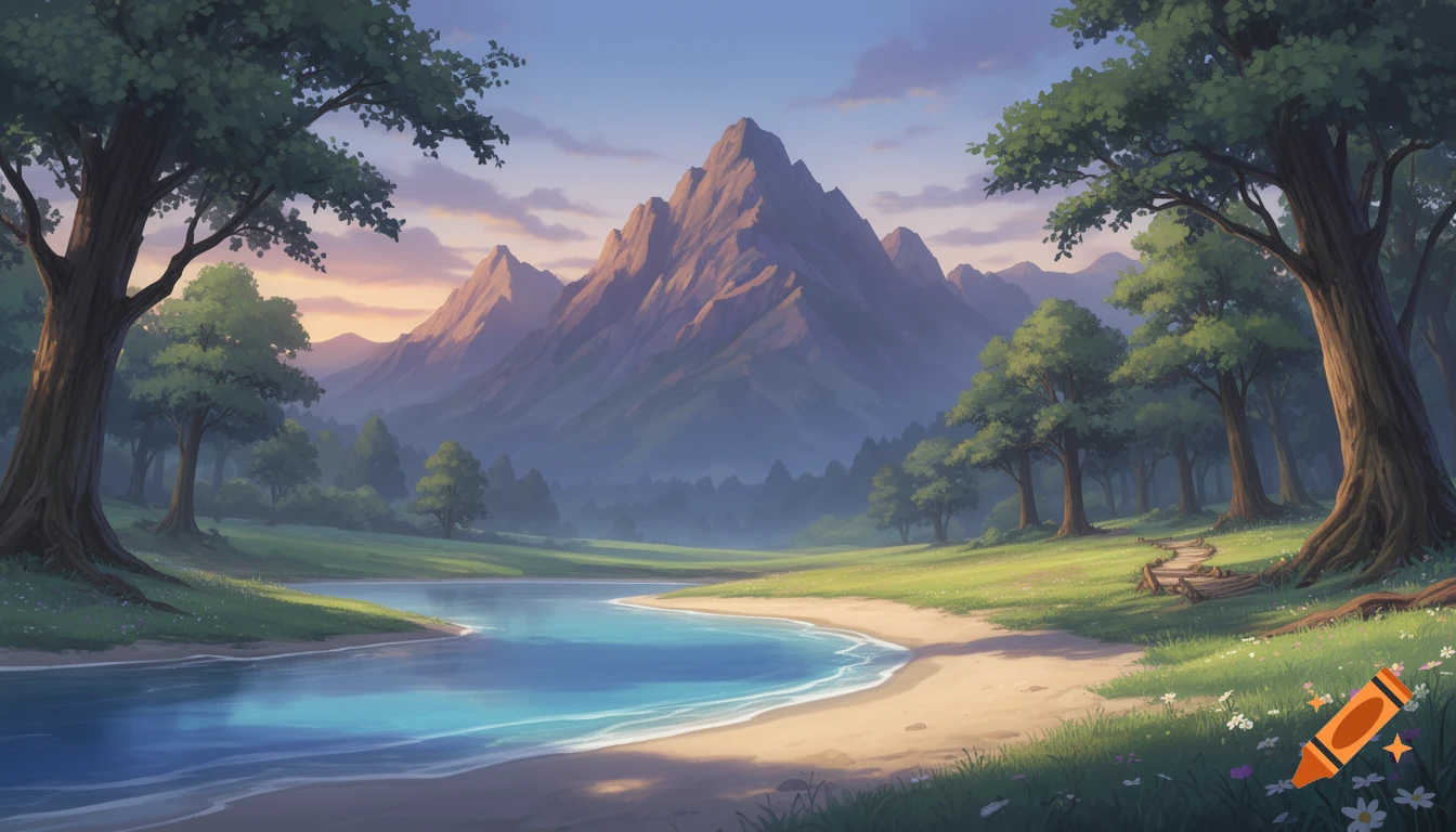 A vibrant, stylized landscape features a large mountain, a calm blue lake meeting a sandy beach, and lush green trees under a soft, colorful sky.