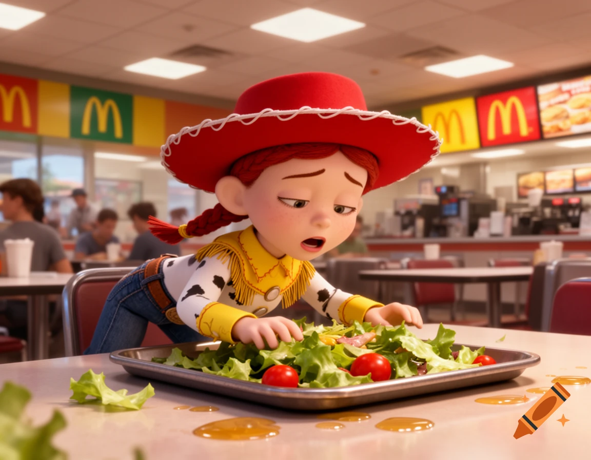 Jessie from Toy Story looks sad, leaning over a tray of salad with spilled liquid on a table in a McDonald's restaurant.