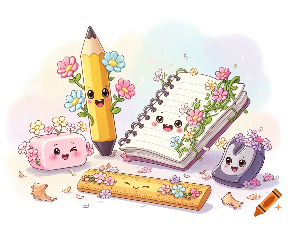Cute cartoon school supplies with happy faces, including a pencil, eraser, notebook, ruler, and sharpener, adorned with flowers.