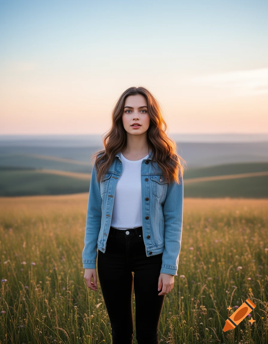 A young woman with long wavy brown hair stands in a field at sunset, wearing a denim jacket, white t-shirt, and black jeans.