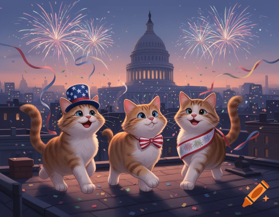 Three animated cats in patriotic attire on a rooftop with fireworks and the US Capitol building.