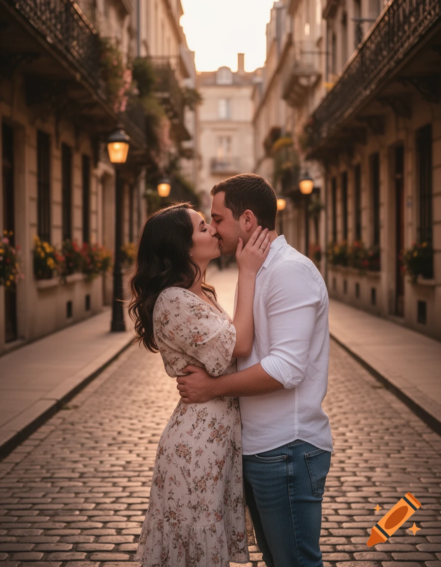A couple kisses on a cobblestone street lined with old buildings at sunset, photorealistic.