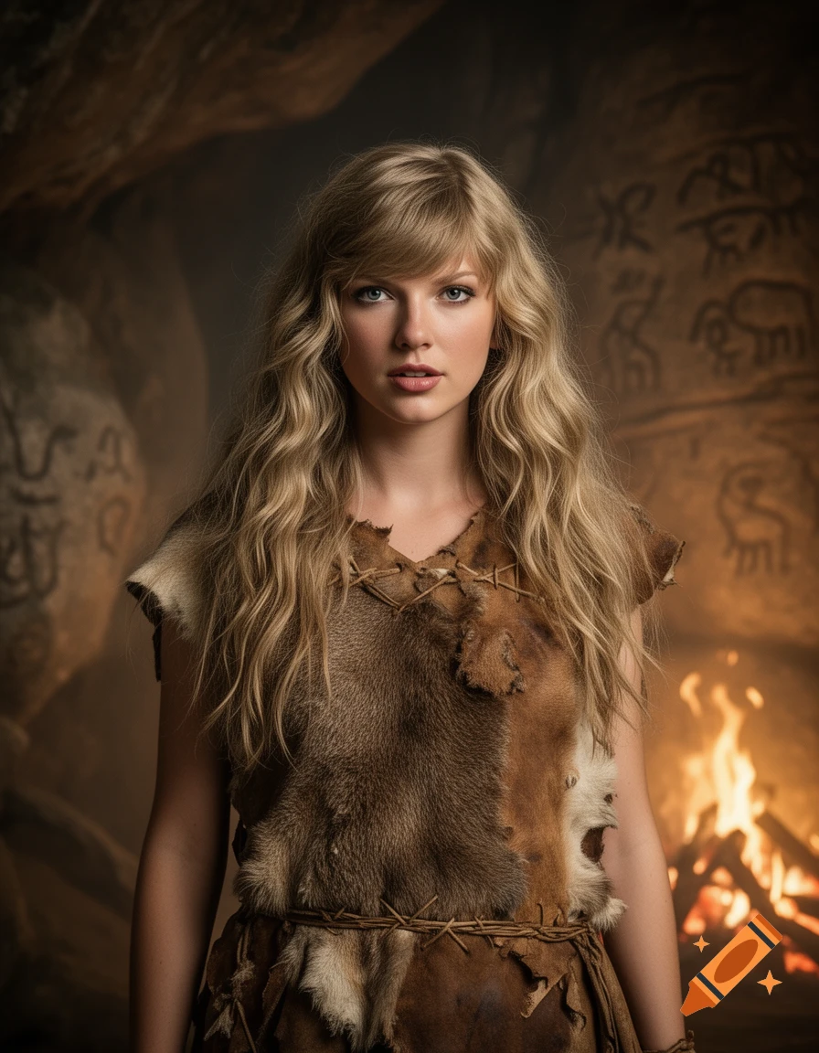 Photorealistic portrait of Taylor Swift as a cavewoman in a fur outfit, standing in a prehistoric cave with carvings and a campfire.