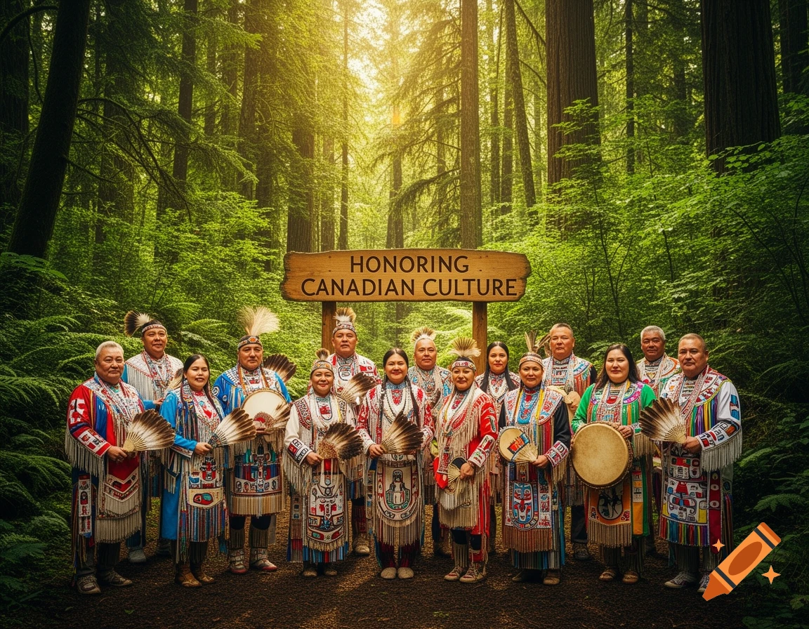 A group of Indigenous people in elaborate traditional attire stand in a sunlit forest, posing behind a wooden sign reading "HONORING CANADIAN CULTURE".