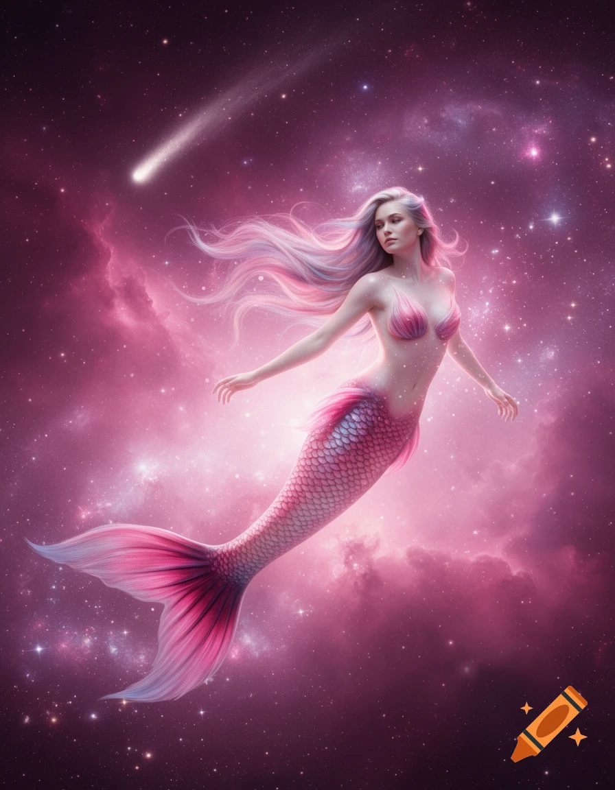 A photorealistic mermaid with pink and purple hair and a pink tail floats gracefully in a vibrant pink and purple galaxy with stars and a comet.