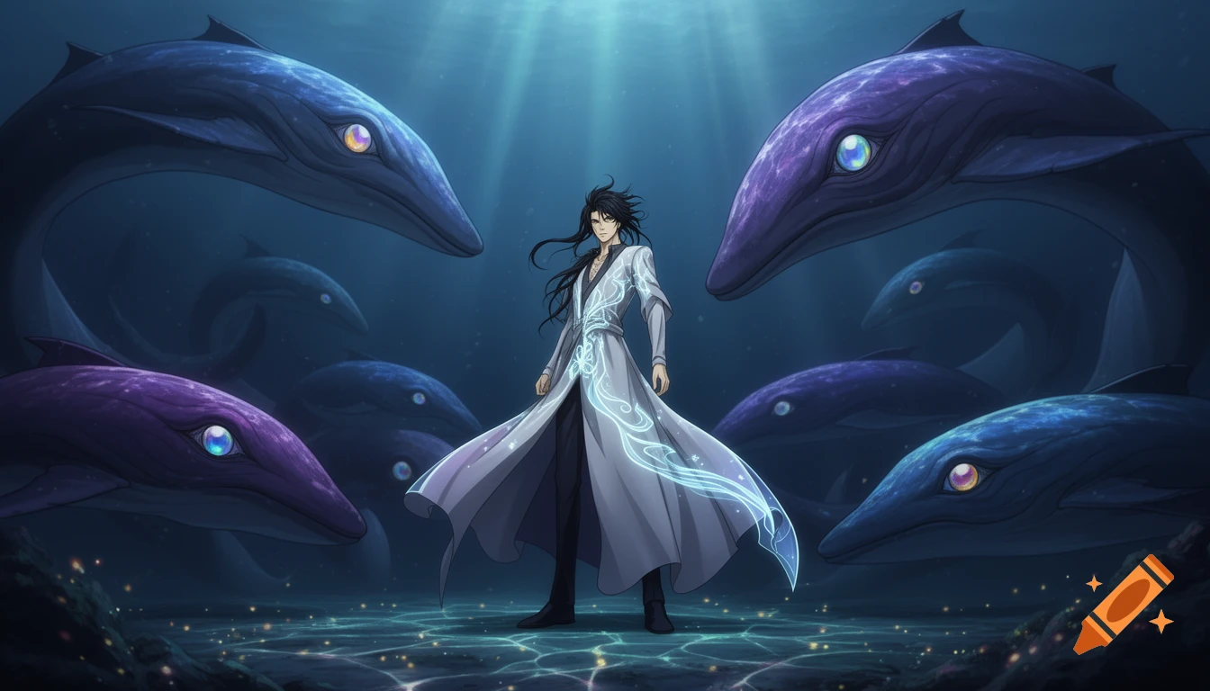Anime style man in a glowing white coat stands underwater, surrounded by blue and purple leviathans with large, gem-like eyes.