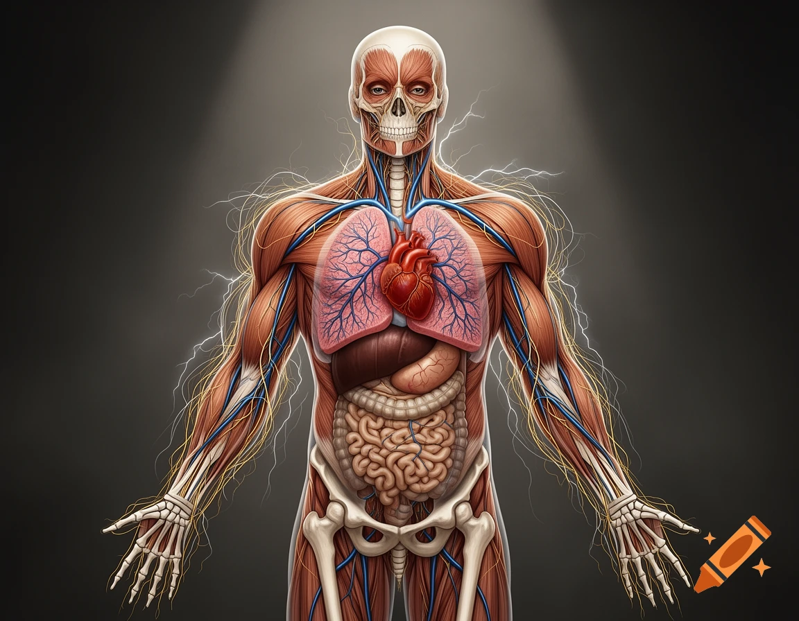 Detailed illustration of human anatomy showing muscles, skeleton, internal organs, veins, and nerves with a glow.