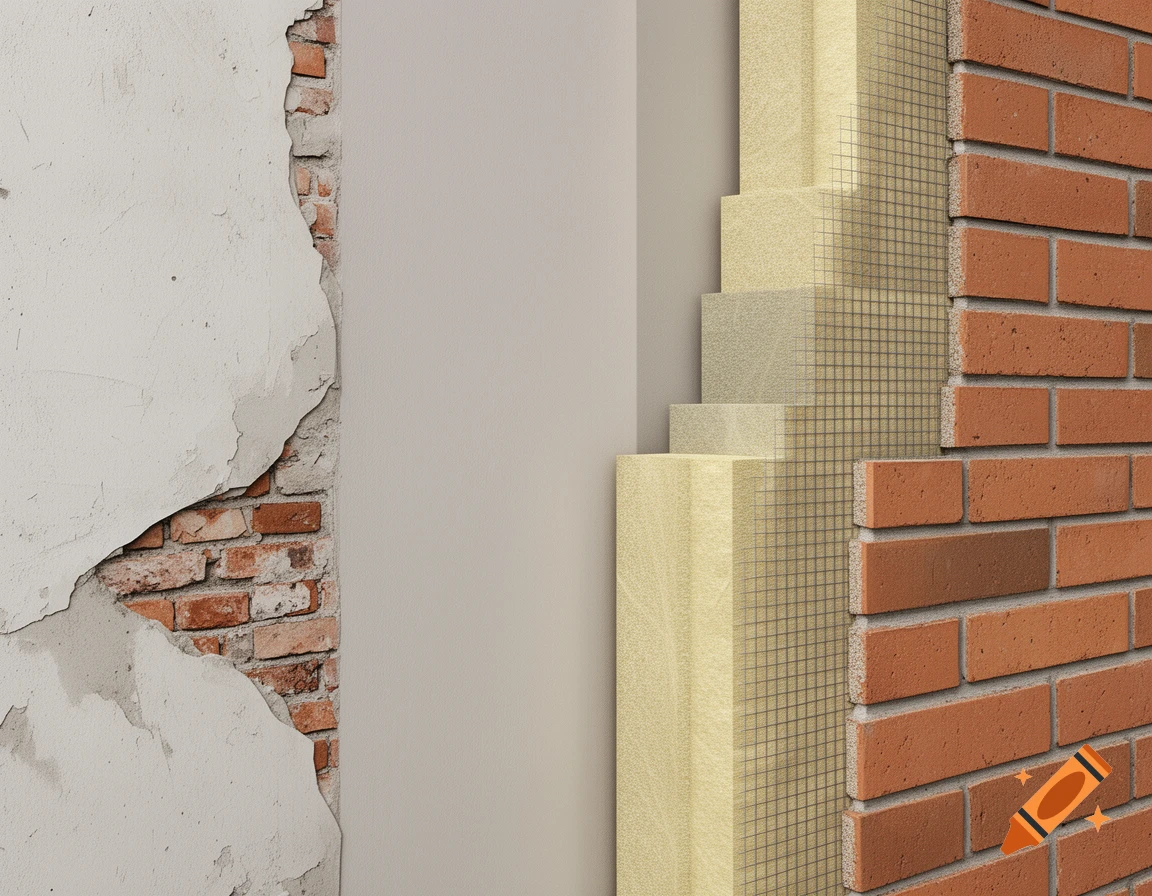 Cross-section of a wall, featuring old brick and peeling plaster on the left, and a modern thermal insulation system over brick on the right.