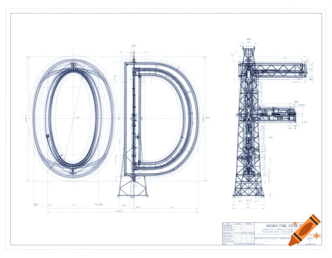 Blueprint drawing of engineering structures resembling the letters O, D, and F.