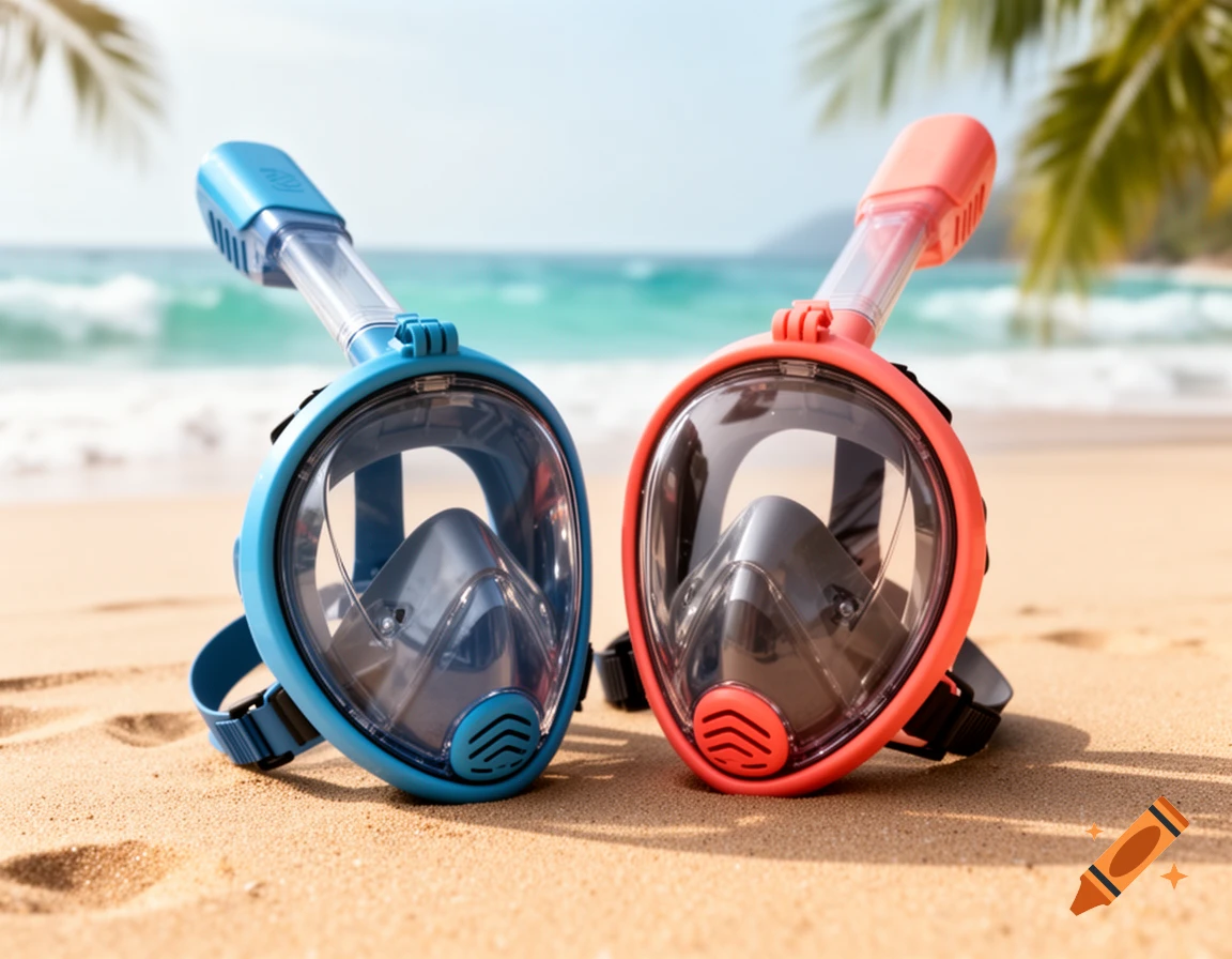 Two full-face snorkels, one blue and one coral, rest on a sandy beach with turquoise ocean and palm trees in the background.
