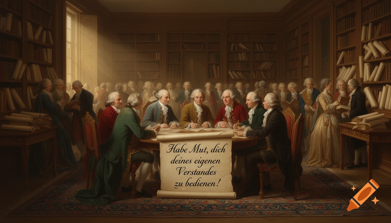 A classical painting of men in 18th-century attire in a library, gathered around a table with a scroll displaying German text.