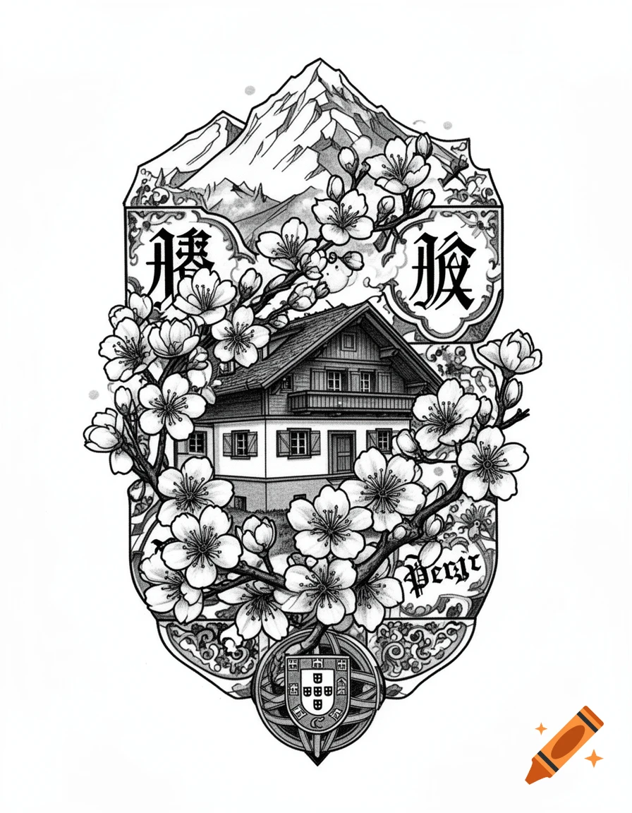 Black and white tattoo design featuring a chalet-style house, a mountain, and cherry blossoms, with Portuguese and Japanese cultural elements.