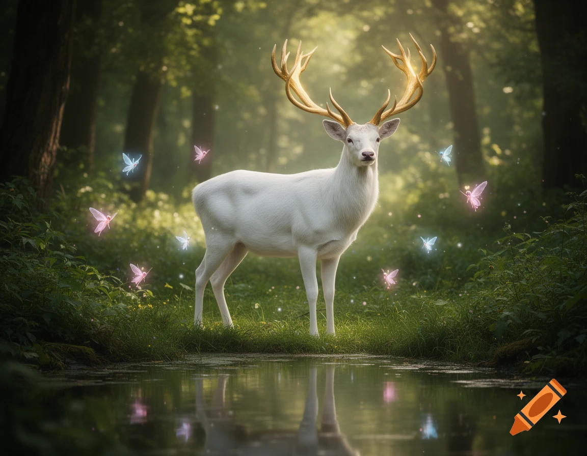 A majestic white deer with large golden antlers stands by a pond in a magical forest clearing, surrounded by glowing blue and pink fairies.